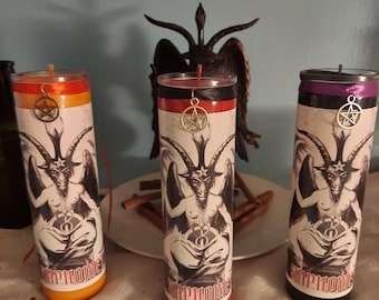 8" handmade Baphomet candle with pentacle charm. Occult witchcraft candle made to order in any color! Customization for additional charge