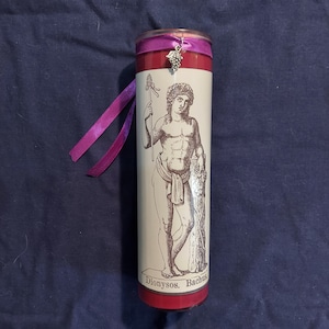 Handmade 8&quot; Dionysus - Bacchus scented candle with charm, topped/infused with herbs/roots/oils. Pagan god of wine/religious ecstasy/theatre