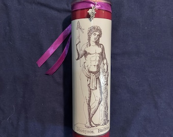Handmade 8" Dionysus - Bacchus scented candle with charm, topped/infused with herbs/roots/oils. Pagan god of wine/religious ecstasy/theatre