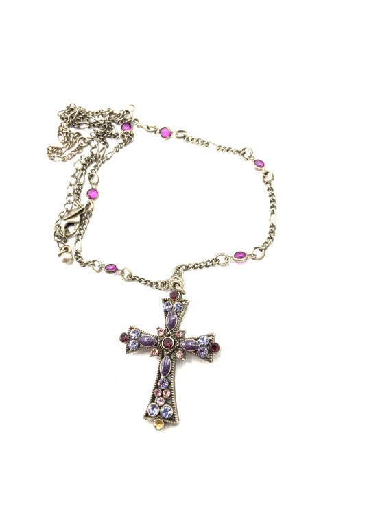 Gorgeous nickel tone cross with multicolored rhin… - image 1