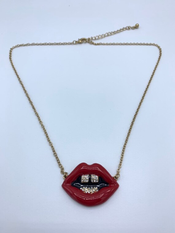 Red Lip necklace with crystal Gem