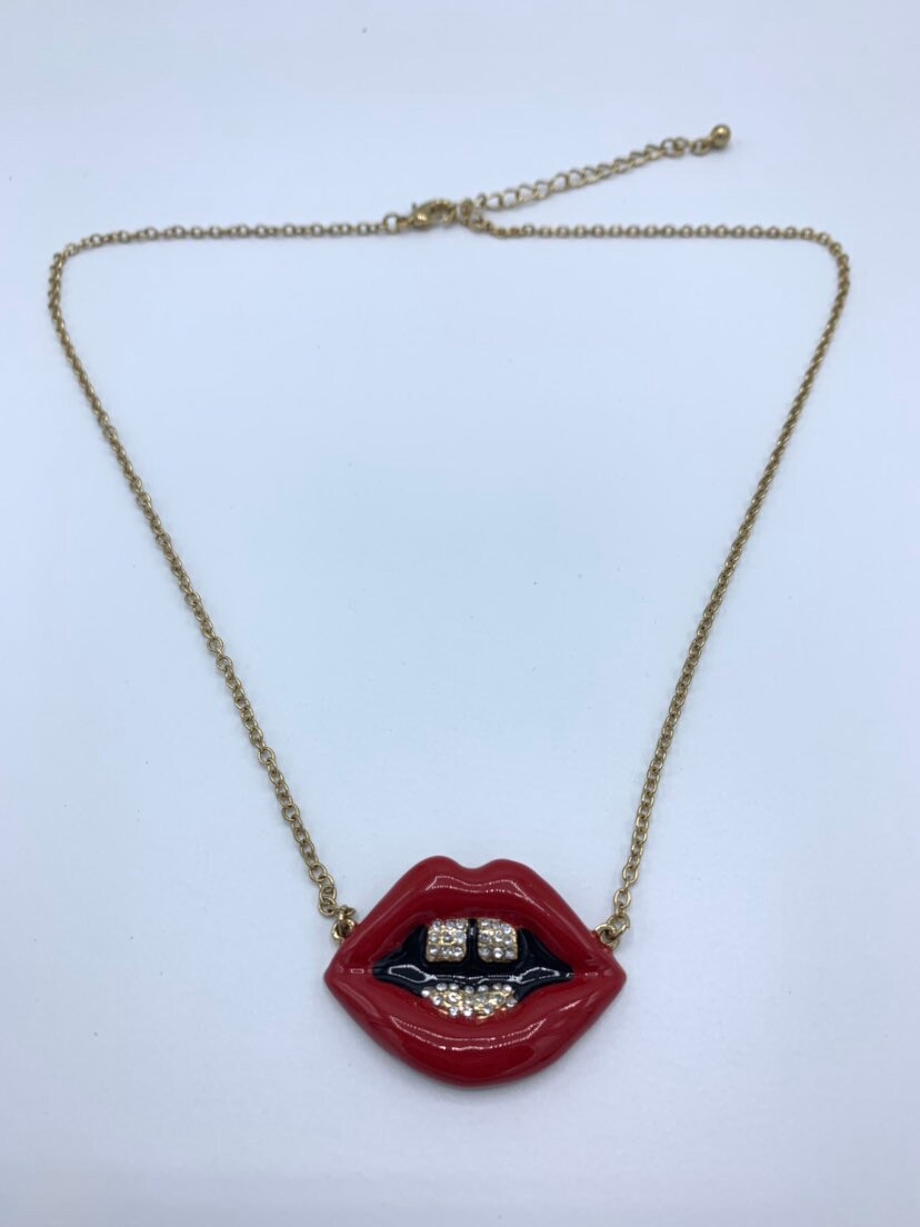 Red Lip necklace with crystal Etsy