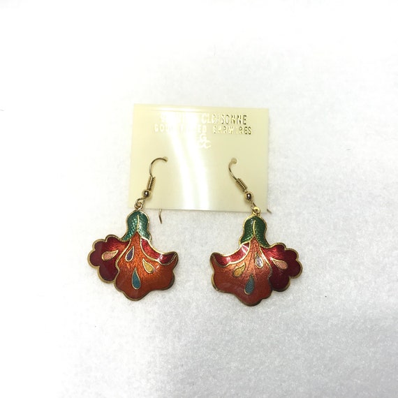 Vintage cloisonne red flower earrings gold filled - image 5