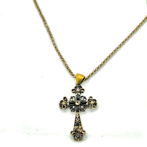 Brass tone necklace with cross necklace with rhin… - image 7
