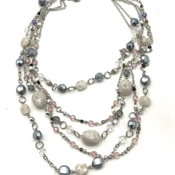 Gorgeous multi strand necklace Lia Sophia  pink and  gray beads, signed.