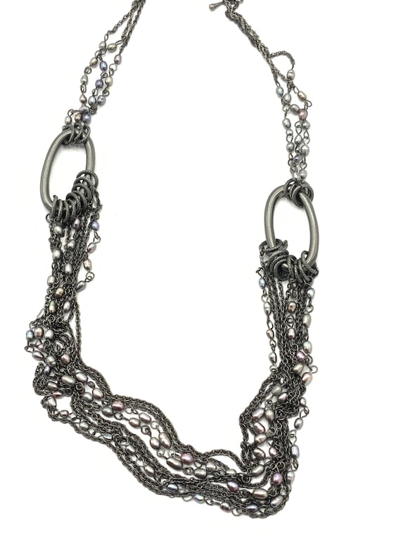 Gorgeous collectible multi strand necklace with pearl and dark chain by Lia Sophia.