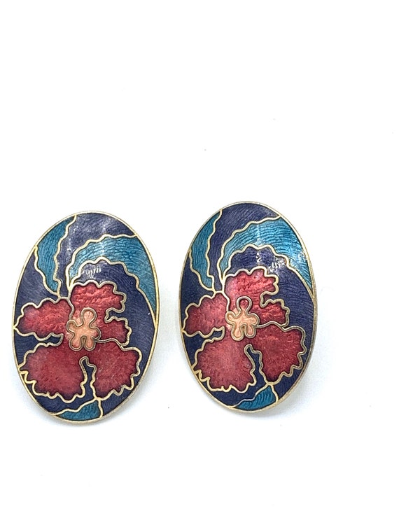 Vintage small oval cloisonné / cloisonne earrings,