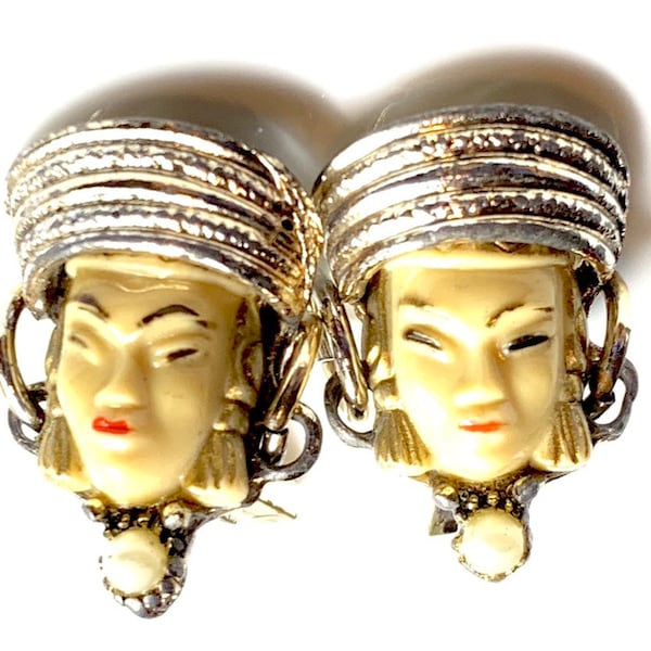 Vintage State Selro cuff links, Asian face white tone