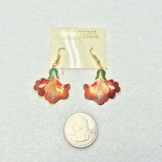 Vintage cloisonne red flower earrings gold filled - image 4