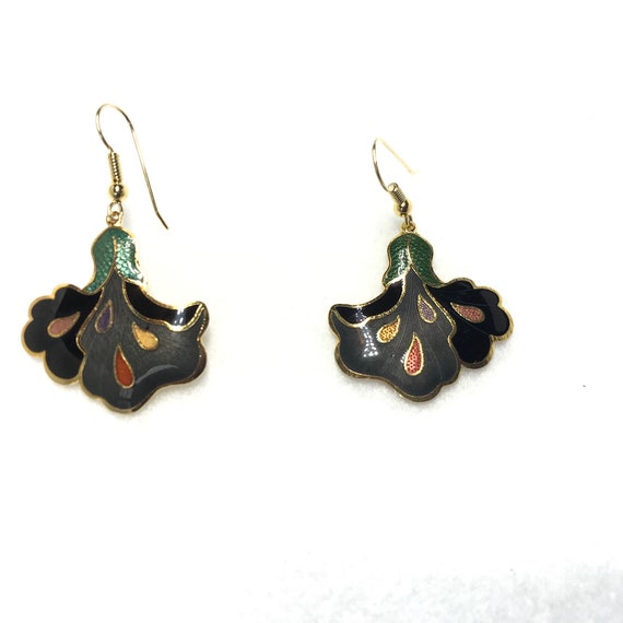 Vintage cloisonne red flower earrings gold filled - image 10