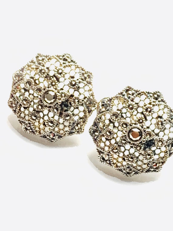 Vintage Marcasite sterling silver earrings, round… - image 6