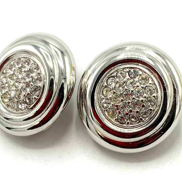 Gorgeous collectible and vintage  silver tone round with clear rhinestone earring by Ellen Kiam, clip on.