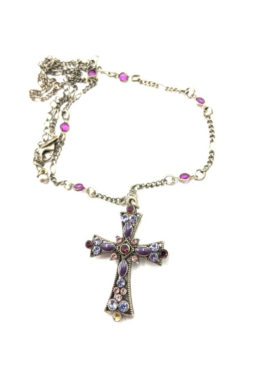 Gorgeous nickel tone cross with multicolored rhin… - image 6