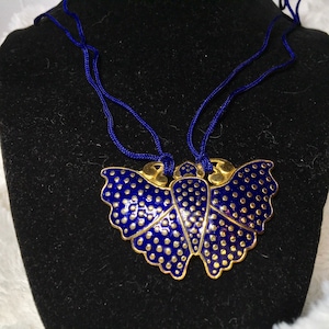 Vintage  blue butterfly abalone pendant with black braided cord