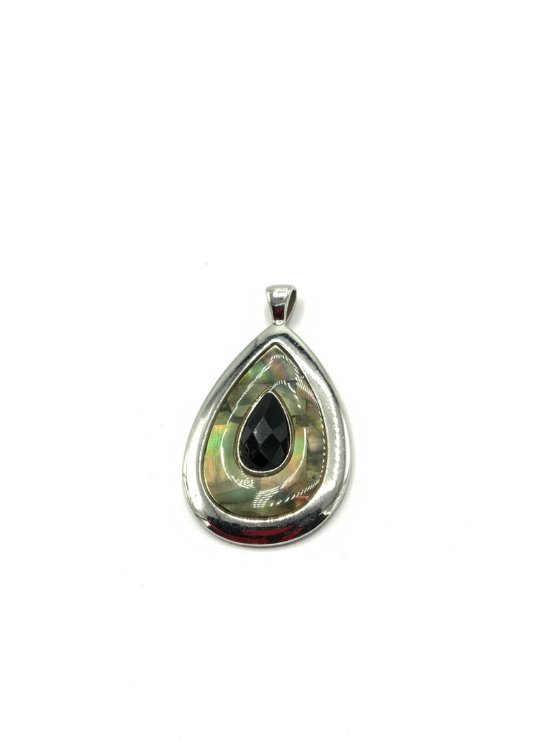 Gorgeous collectible teardrop pendant with abalone and black crystal by Lia Sophia and silver tone.