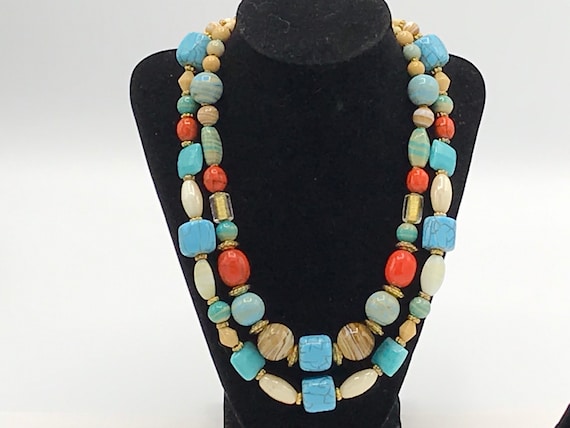 Collier Vintage Long En Perles De Verre Olive Bleu Turquoise - Longueur 67 Cm - Occasion