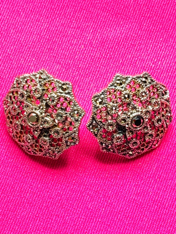 Vintage Marcasite sterling silver earrings, round… - image 7