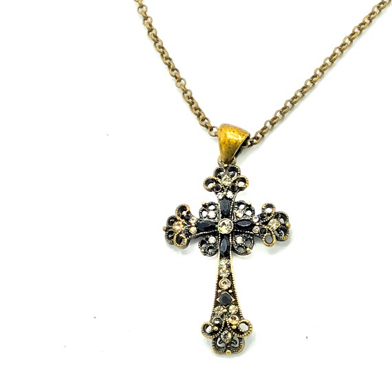 Brass tone necklace with cross necklace with rhin… - image 8