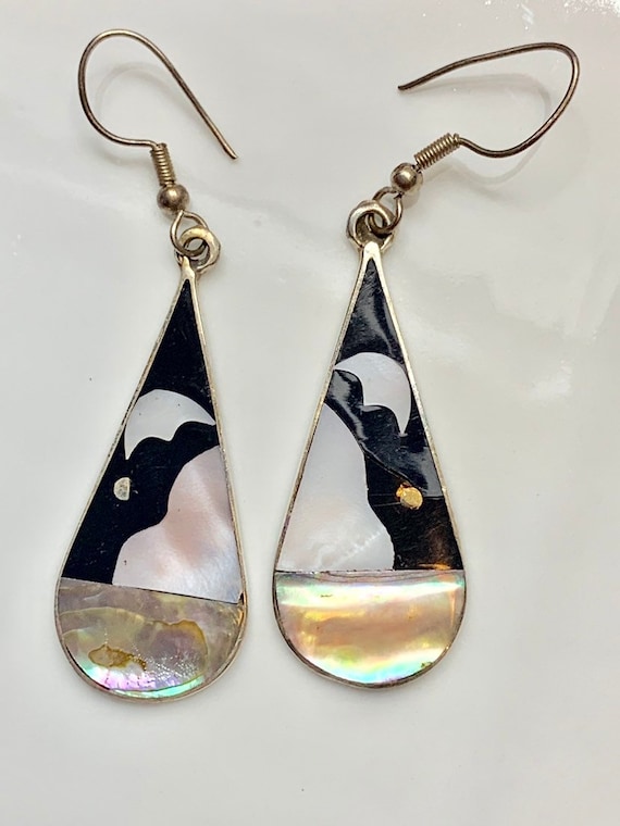 Boucles D'oreilles Vintage Années 1970 - Alpaca Argenté Mexicain Et Nacre Véritable, Vieux Stock Neuf Parfait