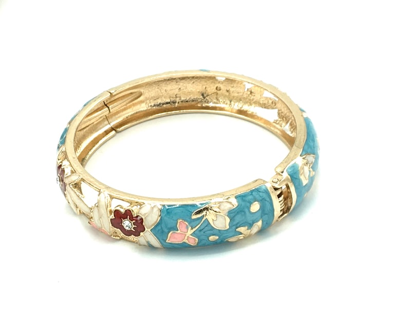 Vintage enamel bracelet light blue tone with flower design