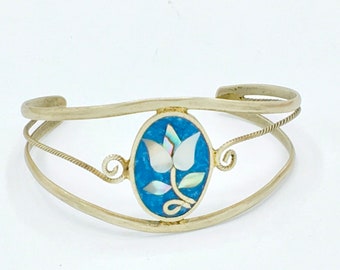 Vintage Alpaca bracelet  with Abalone  Shell as flower and  blue  background