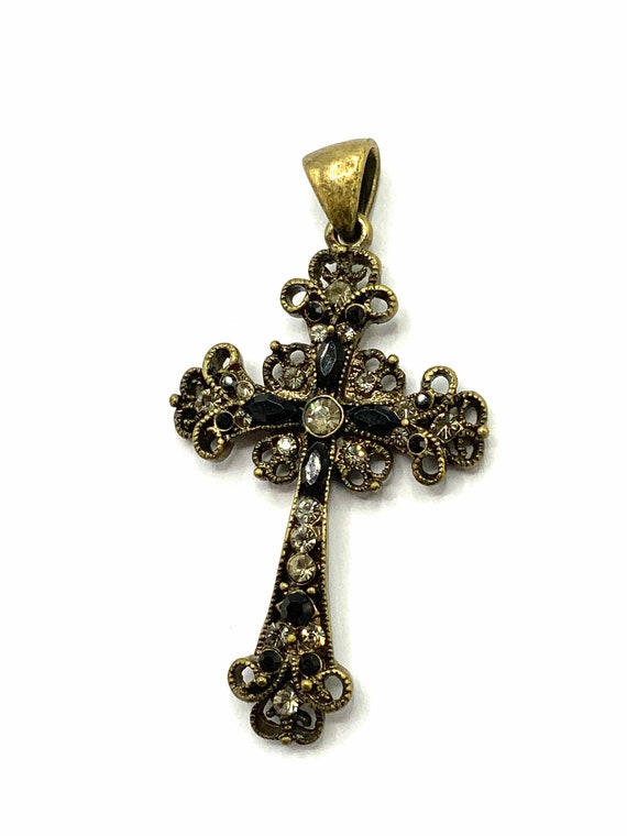 Brass tone necklace with cross necklace with rhin… - image 10
