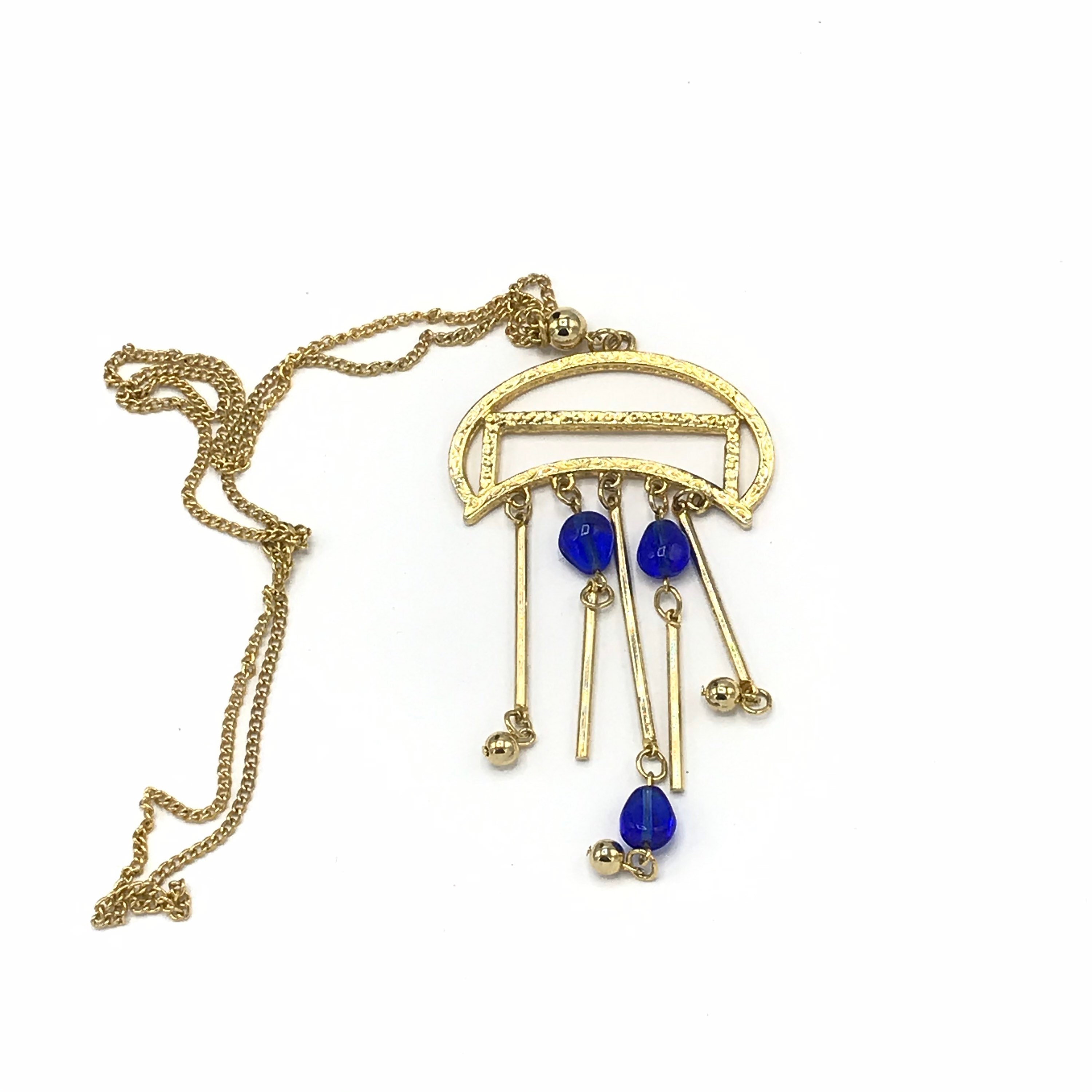 Collier Sautoir Vintage Bleu Marine Et Doré 80 Cm - Excellent état, Fabrication Française