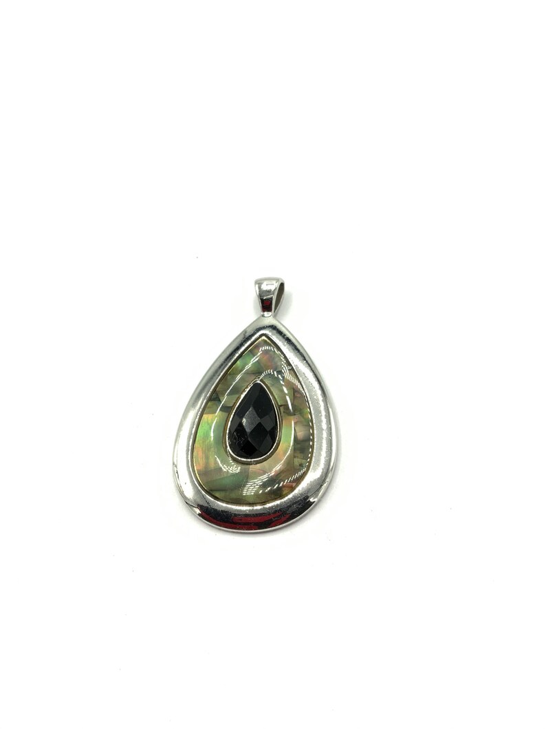 Gorgeous collectible teardrop pendant with abalone and black crystal by Lia Sophia and silver tone.