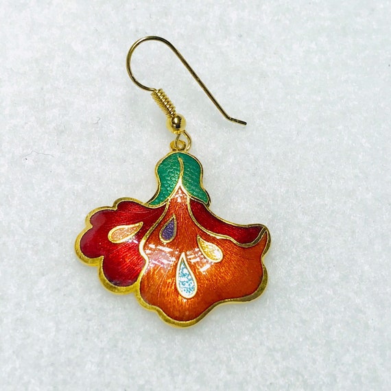 Vintage cloisonne red flower earrings gold filled - image 1