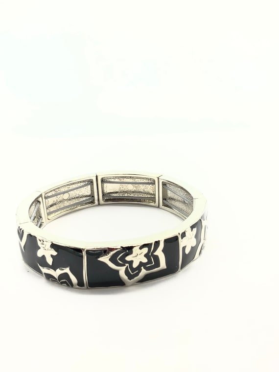 Bracelet Large Vintage Scooter - Métal Argenté Et émail Noir - Très Bon état, Style Rétro