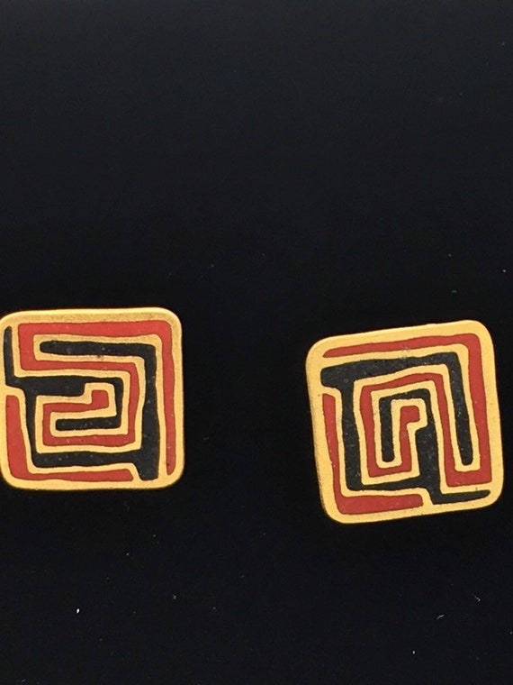 Red and black and gold tone square earrings by Lau