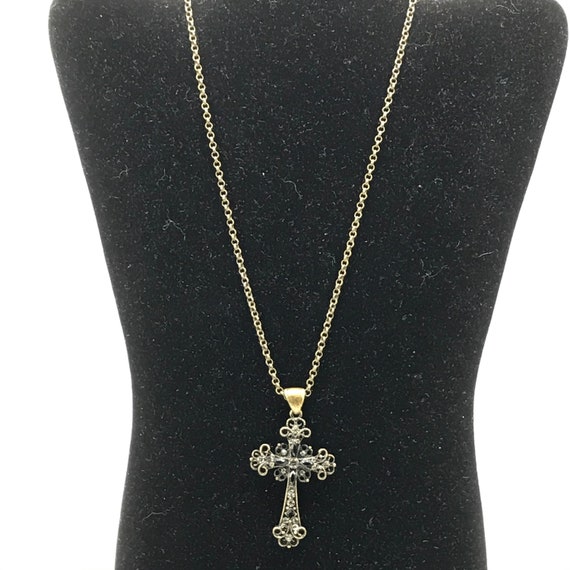 Brass tone necklace with cross necklace with rhin… - image 6