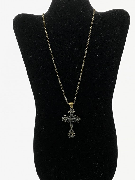 Brass tone necklace with cross necklace with rhin… - image 9