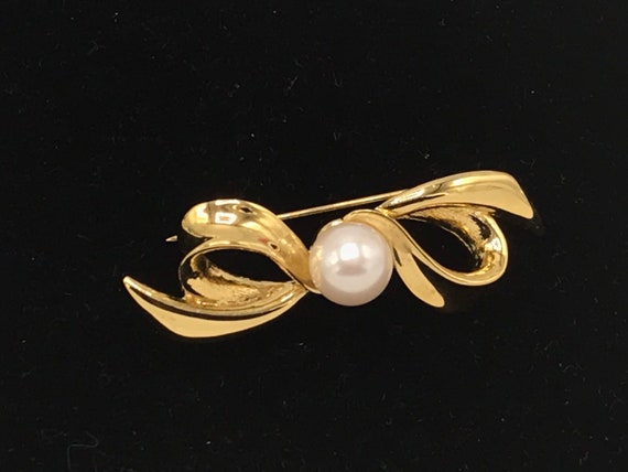 Broche Vintage Signée EA - Style Nœud Doré Avec Perle - Années 90 - Occasion