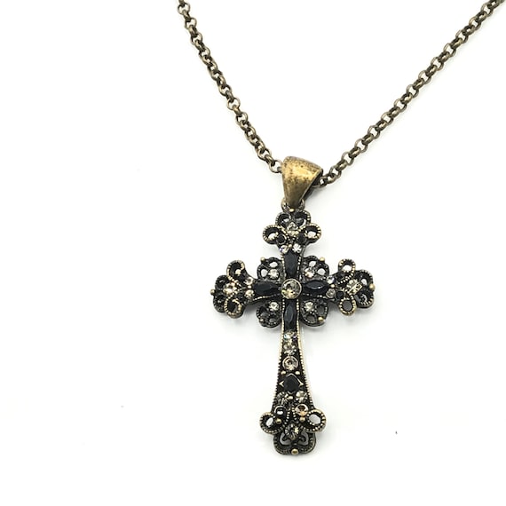 Brass tone necklace with cross necklace with rhin… - image 1