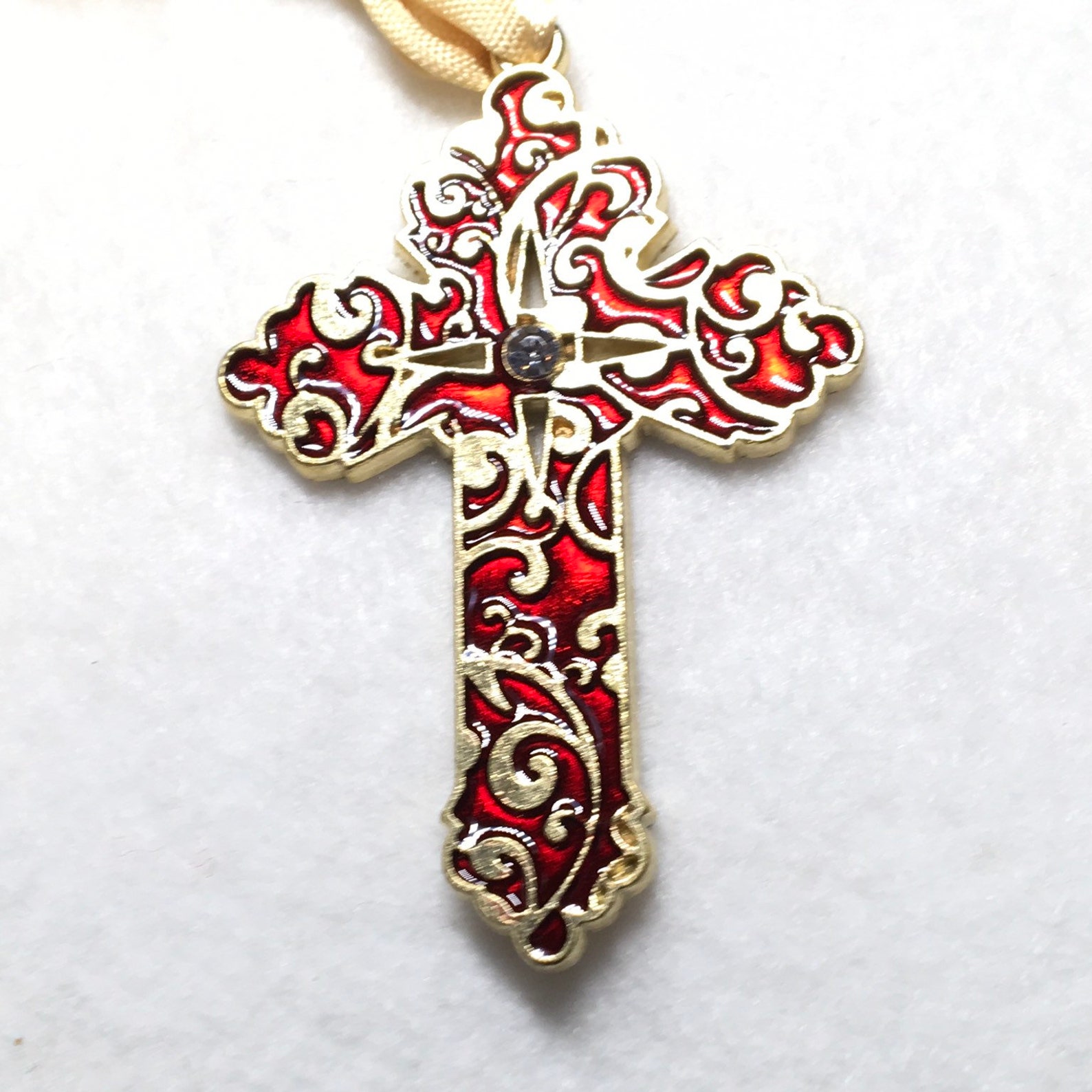 Gold Tone Cross With Red Enamel Pendant. Etsy