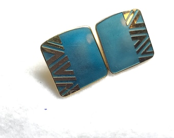 Pendientes vintage Laurel Burch en tonos azules y dorados, cuadrados, esmalte