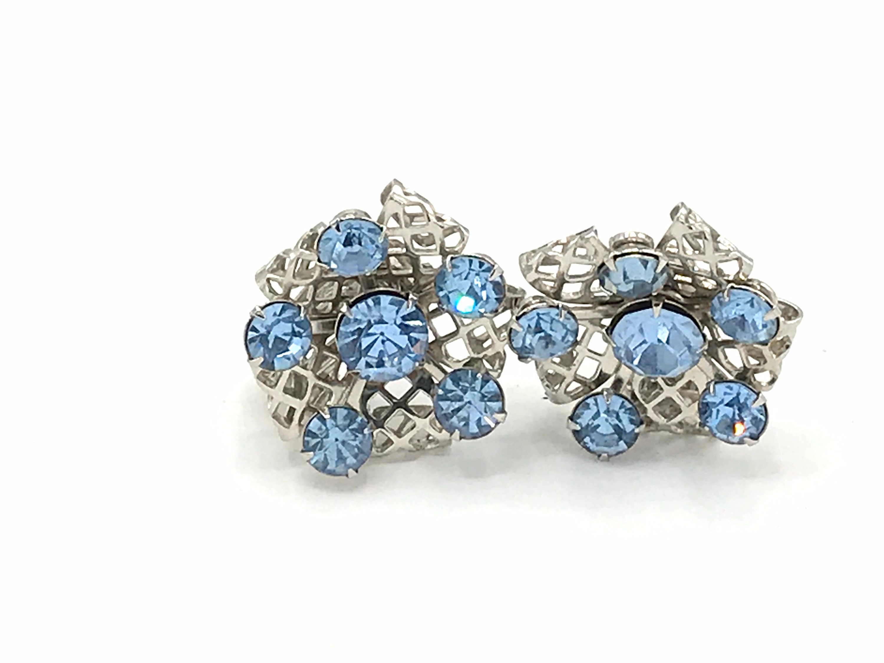 Boucles D'oreilles Pendantes Vintage Strass Blancs Et Bleus - Laiton
