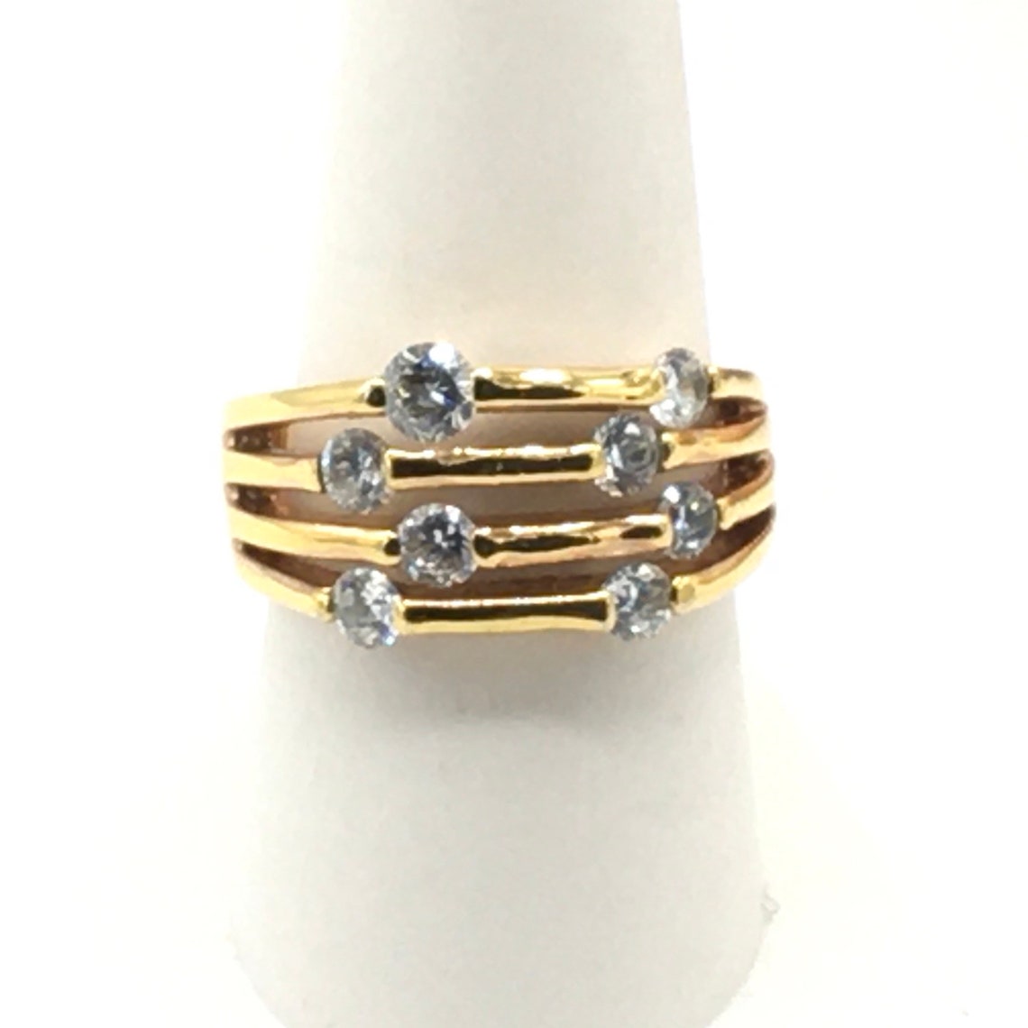 zirconia and gold tone ring signed RSC size 9. Etsy