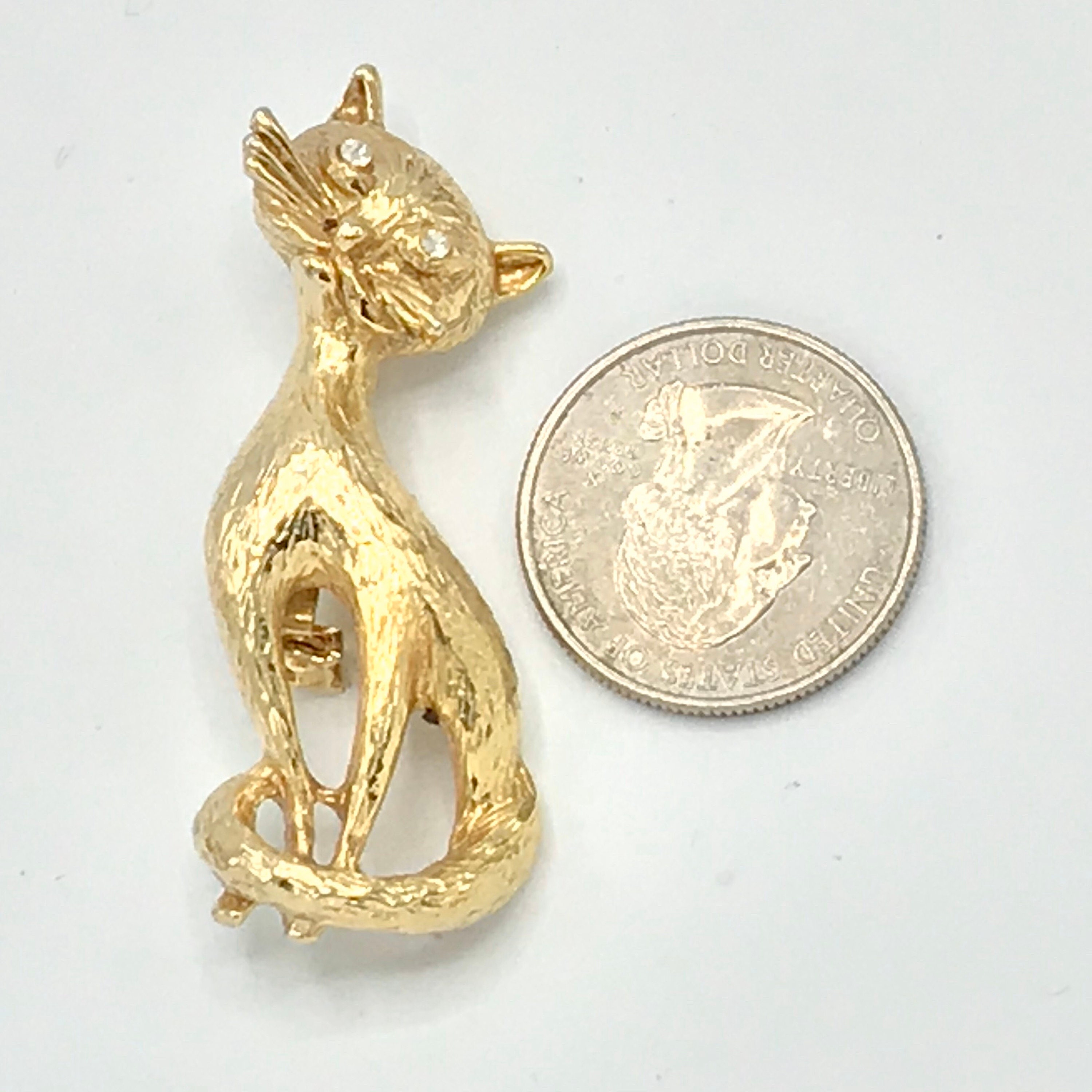 Vintage Gold Tone Cat Brooch With Rhinestone - Etsy
