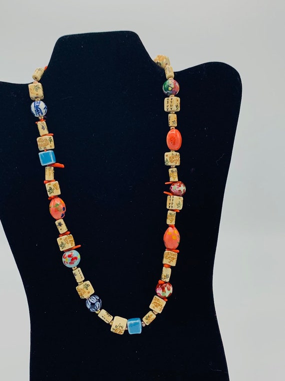 Vintage 925 silver with beads necklace, coral, Asia design, multicolored. 21" loop.