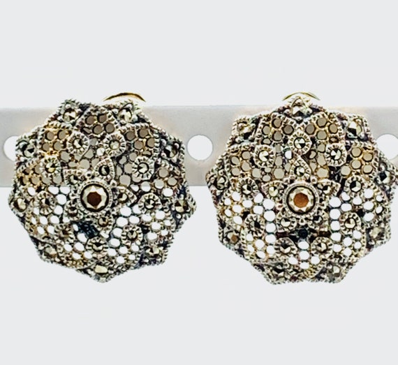Vintage Marcasite sterling silver earrings, round… - image 3