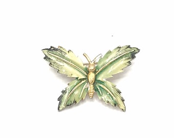 Vintage green butterfly brooch enamel green tone.