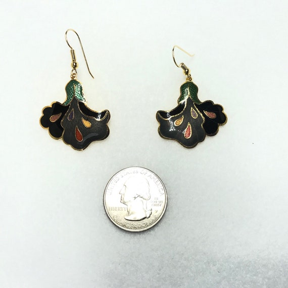 Vintage cloisonne red flower earrings gold filled - image 7