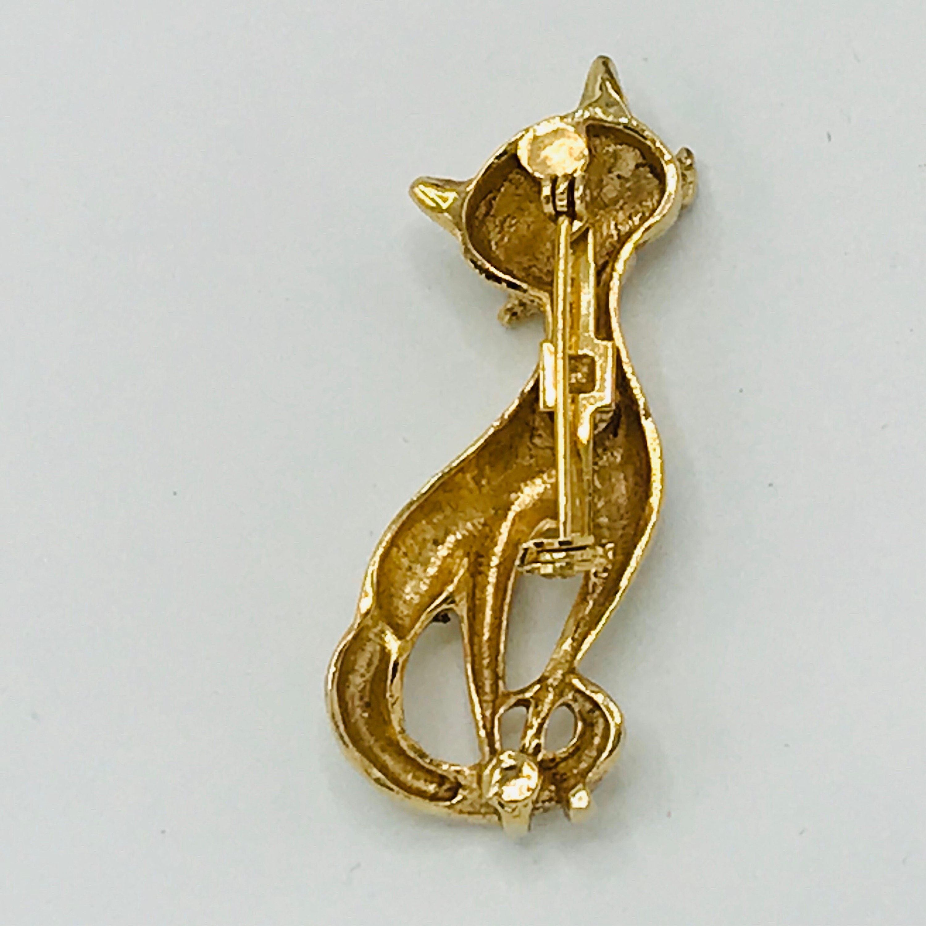 Vintage Gold Tone Cat Brooch With Rhinestone - Etsy