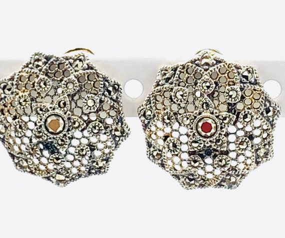 Vintage Marcasite sterling silver earrings, round… - image 8