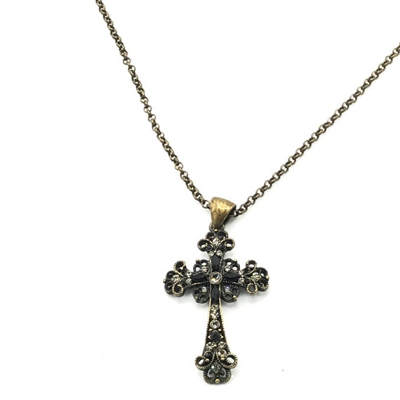 Brass tone necklace with cross necklace with rhin… - image 5