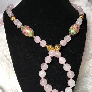 Vintage Quartz bead and cloisonne necklace, pink or natural gemstone, 16" long