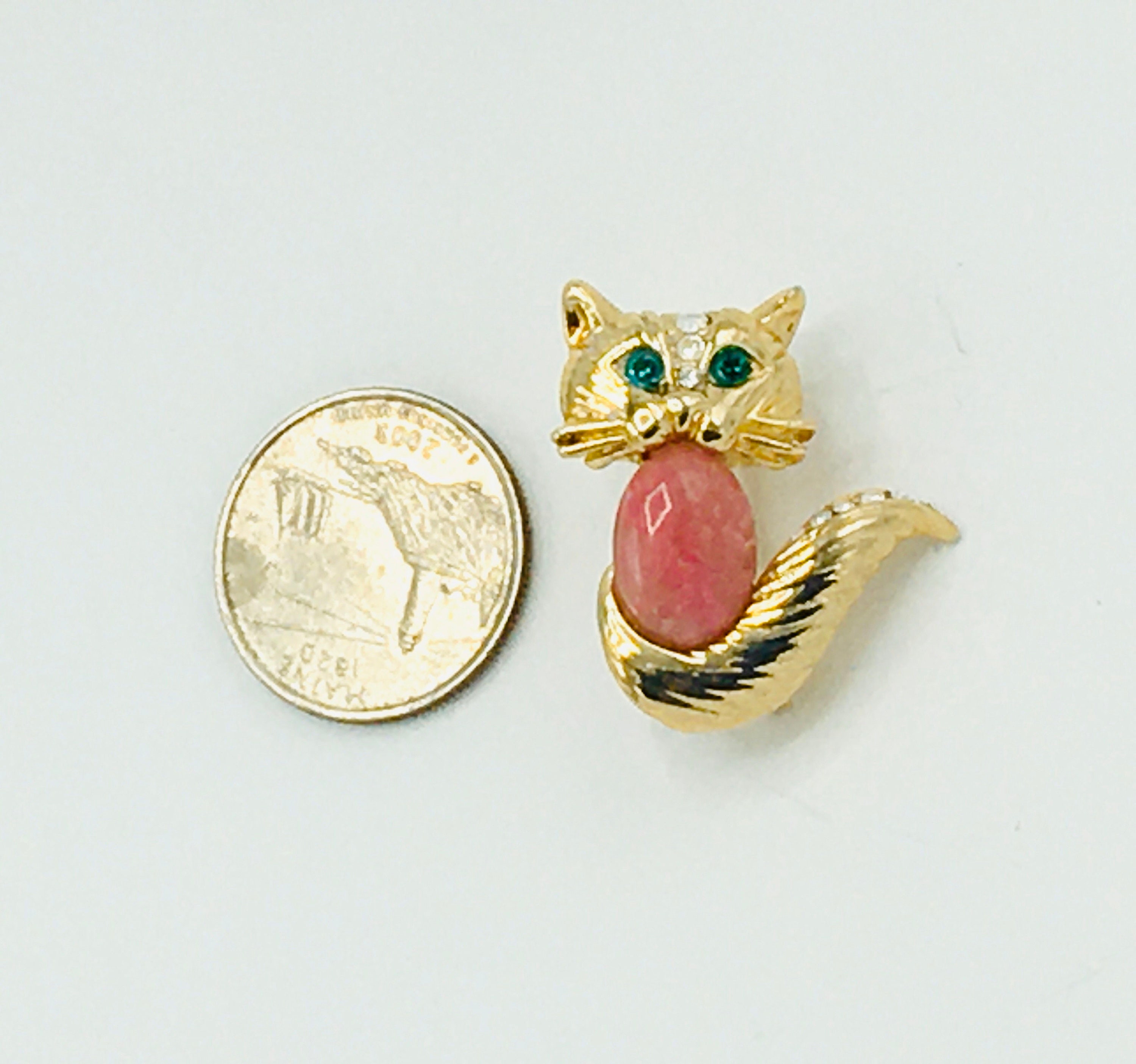 Vintage Gold Tone With Rhinestone Eyes and Black or Pink Belly Cat ...