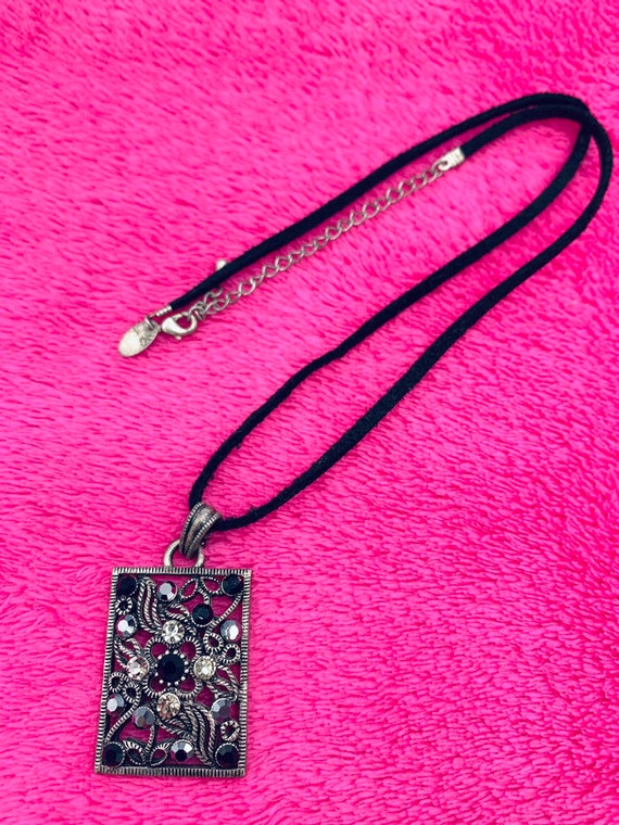 Lia Sophia black necklace onyx and crystal, recta… - image 3